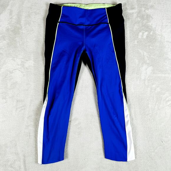 Athleta Leggings Womens Medium Blue Black Velocity‎ Colorblock Capri Running Gym - Picture 1 of 12